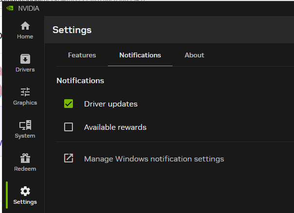 Screenshot of NVidia "Settings" pane, "notifications" tab, showing the "Available rewards" button