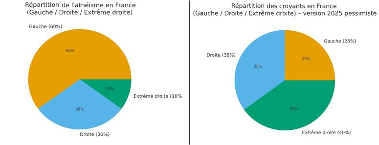 Tableau de répartition politique de l'athéisme en France : 60% gauche, 30% droite, 10% extrême droite. 
Tableau de répartition politique des croyants en France : gauche 25%, droite 35%, extrême droite 40%.