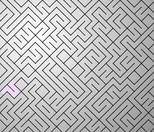 A colorful maze, generated using the 10print method. Picture generation details: screen height: 844, screen width: 981, primary background color #777777, primary line color: #000000, using gradient mask ../masks/mask7.png, gradient background color #FFFFFF, square: 45, width: 5, radiusB: 2, radiusW: 5, effect: 6