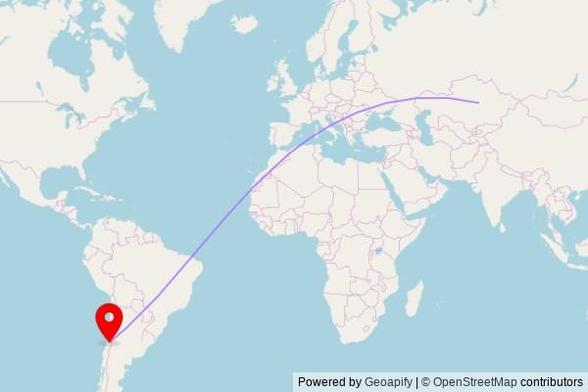 A map showing the great circle route from Janaarqa in Kazakhstan to a map pin at Parroquia Santo Toribio de Pencahue, Ruta H-76-I, 297 0000 San Vicente de Tagua Tagua, Chile