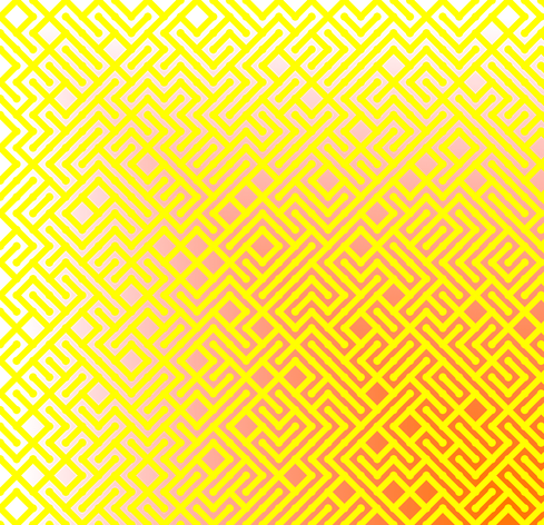 A colorful maze, generated using the 10print method. Picture generation details: screen height: 993, screen width: 1029, primary background color #00FF00, primary line color: #FFFF00, using gradient mask ../masks/mask17.png, gradient background color #FF7700, square: 31, width: 11, radiusB: 7, radiusW: 11, effect: 12