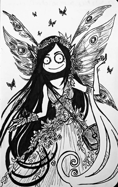 ilustracion en tinta y papel de una hadita