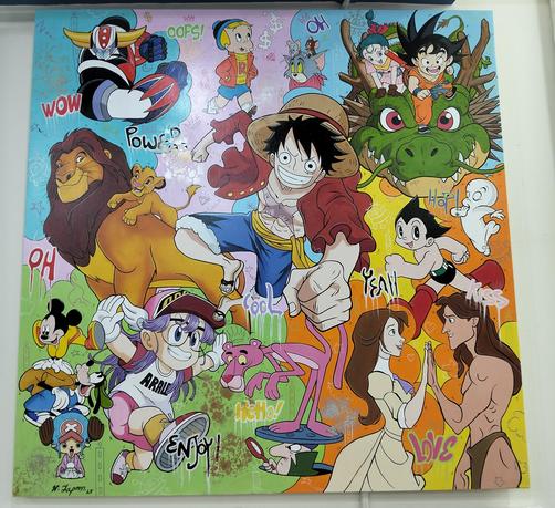a collage-type of painting of many cartoon characters arranged in front of a multi-colored background, random words applied graffiti-style to it, there are characters from dragonball, one piece, disney, astro boy, pink panther, richie rich, mazinger, and others 