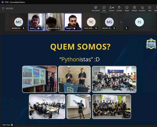Apresentação via Teams mostrando slide com eventos da Py013