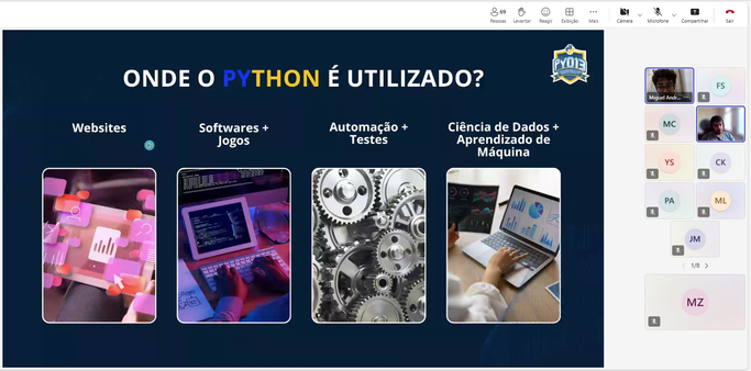 Apresentação via Teams mostrando slide com áreas de uso do Python
