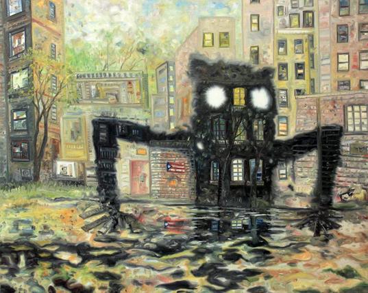a painting of a city street, tan buildings and sunlight, in the foreground is a flooded street and a rectangular shadow-type figure with arms rising from the waters, his eyes glowing like suns 