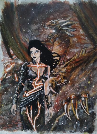 a painting, it's of a woman with a red screaming dragon behind her, a volcano behind a lake of lava behind them, she is wearing a black dress of tat with a flaming cross with a bend and diagonal streak at the bottom, she is seen from her knees up, looking to the left