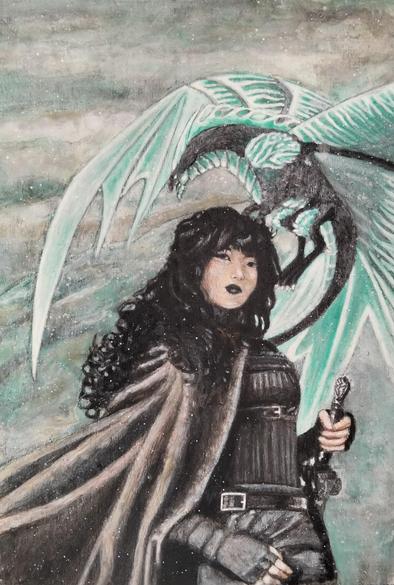 a painting of a woman standing in front of a mountain, a big turquoise and white and black dragon behind her, she is standing in a contrapposto stance, looking at the viewer, her cape flying , snowflakes falling, the dragons big green - blue wings opened up 