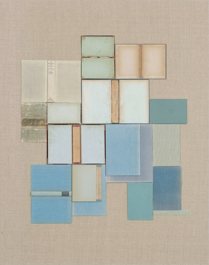 The artist uses the physical book covers, which often feature canvas, dyed paper, and sometimes leather surfaces. 
Composition: The covers are laid open and flat, presenting both the outer and inner sides as abstract, puzzle-like arrangements. 
Aesthetics: The pieces showcase different formats, paper qualities, and aged color variations (shades of yellow, brown, red, blue, and gray), highlighting the history and memory embedded in the materials. 