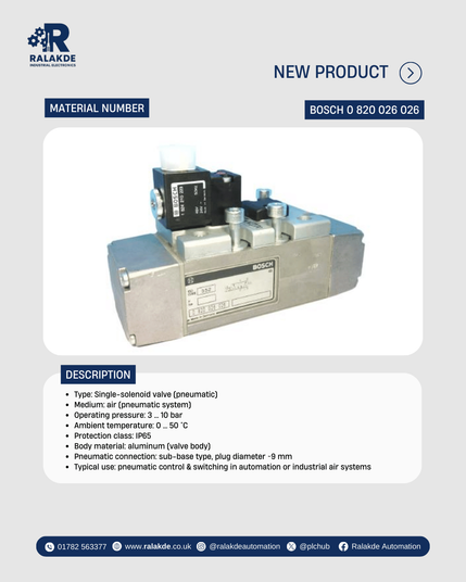 Bosch 0 820 026 026 single-solenoid pneumatic valve, aluminum body, 3–10 bar, IP65.