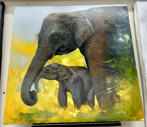 a painting of an adult and child elephant, the child rubbing its trunk against the parents trunk, they are in bright yellow grasses, seen from the side , a dusty background sky 
