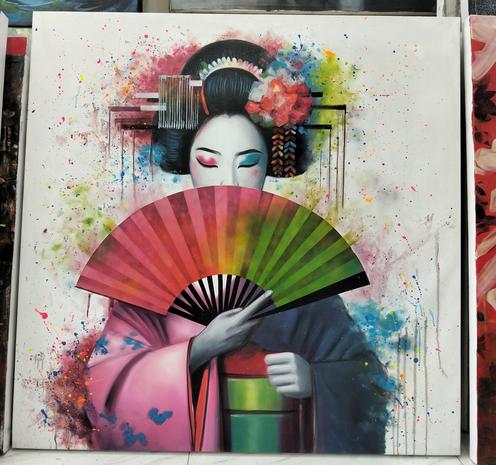 a painting of a woman in a kimono with a fan open, covering the bottom half of her face, her eyes low, her hair pinned up, splatter and drip effects on it, it is done in a bright prismatic spectrum of colors 