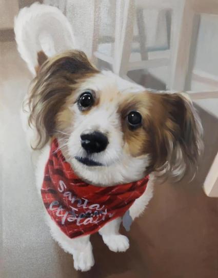 a painting of a small white dog with brown patches and ears, standing on the kitchen floor, wearing a neckerchief, red, that reads 'santa, i can explain..', he is looking up and to the right of the viewer 