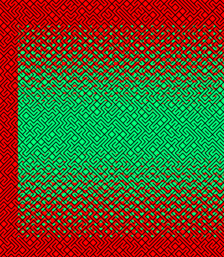 A colorful maze, generated using the 10print method. Picture generation details: screen height: 1171, screen width: 1022, primary background color #FF0000, primary line color: #000000, using gradient mask ../masks/mask31.png, gradient background color #00FF77, square: 17, width: 3, radiusB: 1, radiusW: 3, effect: 9