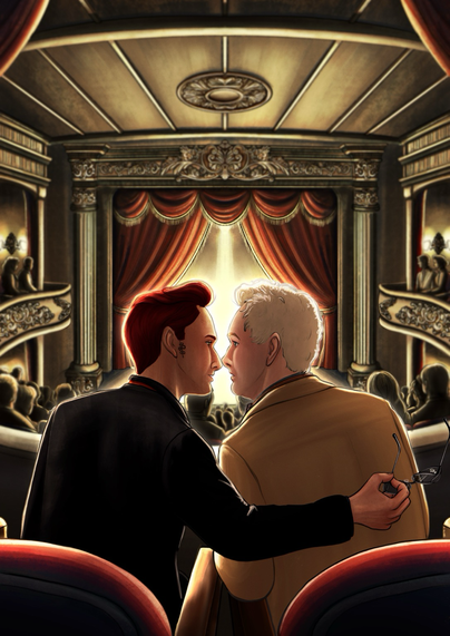 Crowley and Aziraphale sitting scandalously close in a golden, ornate theatre. The stage glows behind them but they’re too busy staring into each other’s souls to care. Crowley's arm is around Aziraphale, holding his sunglasses.