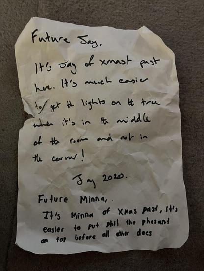 A letter left in the box of tree lights reads:

Future Jay,
It's Jay of Xmas past here. It's much easier
to get the lights on the tree when it's in the middle of the room and not in the corner!
Jay 2020.

Future Minna,
It's Minna of Xmas past, it's easier to put phil the pheasant on top before all other decs