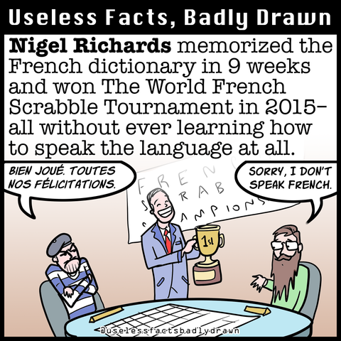 Nigel Richards memorized the French dictionary in 9 weeks and won The World French Scrabble Tournament in 2015-all without ever learning how to speak the language at all.
