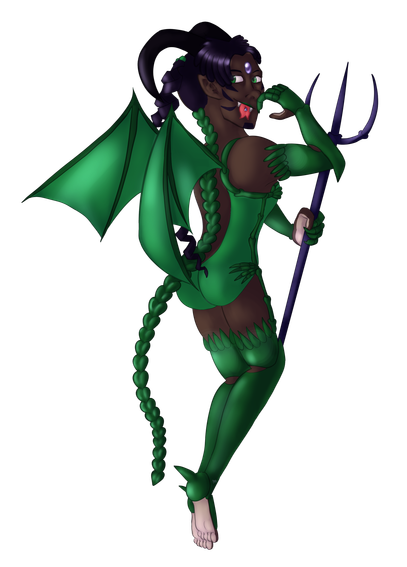 An African male with a long, black ponytail in a succubus costume holding a pitchfork, in a classic pin-up pose with his back turned to the viewer and looking back over his shoulder.