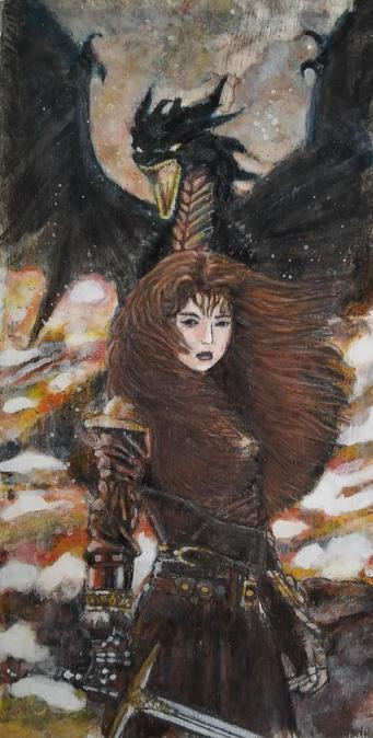 a painting of a fantasy warrior woman, wearing brown and golden clothing, standing in front of a dragon rising out of a ground that is fracturing and aflame, she is looking at the viewer with a calm but wise expression, the dragon is dark blue, its eyes and mouth glowing 