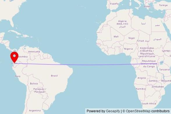 A map showing the great circle route from Gisenyi in Rwanda to a map pin at Iglesia Católica San Juan Bautista, 6 de Octubre, 120205, San Juan, Ecuador