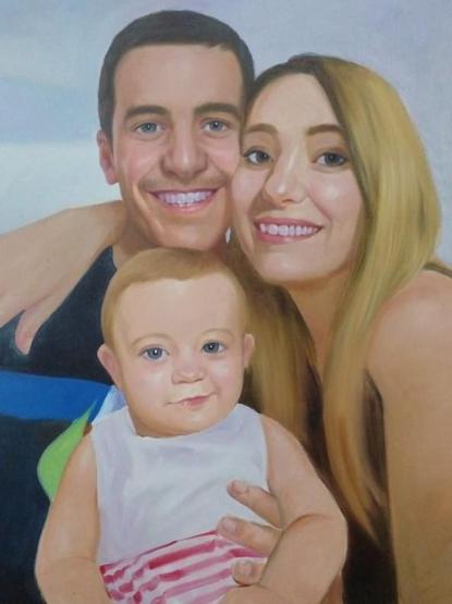 a painting of a family, a young father and mother with their baby daughter in a white dress with red stripes from the torso down, she is smirking in a really funny and cute way, the parents are leaning their heads together, smiling, a light blue background 