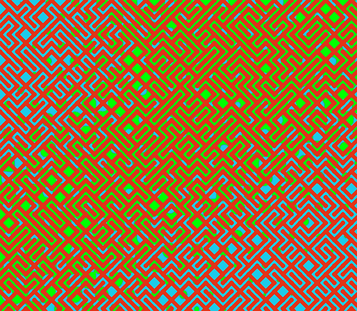 A colorful maze, generated using the 10print method. Picture generation details: screen height: 871, screen width: 1000, primary background color #1DCAE9, primary line color: #E23516, using gradient mask ../masks/mask42.png, gradient background color #00FF00, square: 24, width: 10, radiusB: 6, radiusW: 10, effect: 3