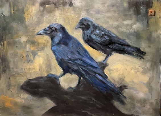 Two crows perched on a log, their feathers blue in the light. Warm Neutral abstracted background. Painted realistically but loosely.