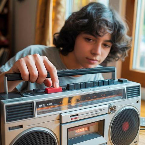 Un adolescente dando al botón de PLAY y al de REC de un radio cassetero.