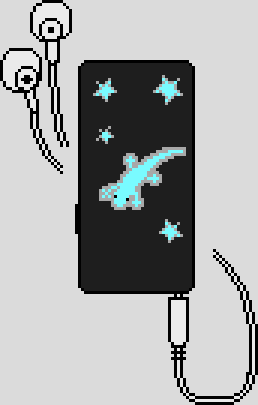 A pixel drawing of the back of a music player. It has blue stickers, four stars and a geco.