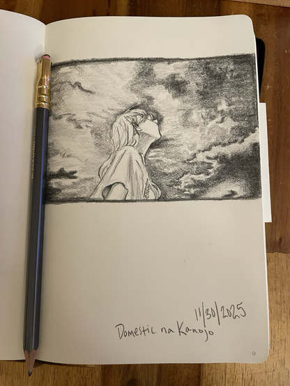 a pencil sketch in a Leuchturm notebook of a manga screen cap from Domestic na Kanojo of a young woman below and from the side, shoulder and above, looking up to the night sky. She wears glasses and has medium, loose hair with bangs. My trusty blackwing sits in the notebook crease.