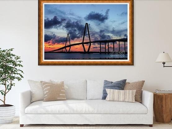A beautiful late sunset photo just as blue hour starts at Charleston South Carolina's Arthur Ravenel Bridge.
@fineartamerica 
https://5-jennifer-white.pixels.com/featured/golden-evening-at-arthur-ravenel-jennifer-white.html
#buyintoart #photography #gifts