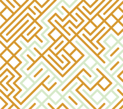 A colorful maze, generated using the 10print method. Picture generation details: screen height: 913, screen width: 1027, primary background color #2A67CF, primary line color: #D59830, square: 58, width: 18, radiusB: 9, radiusW: 18, effect: 8