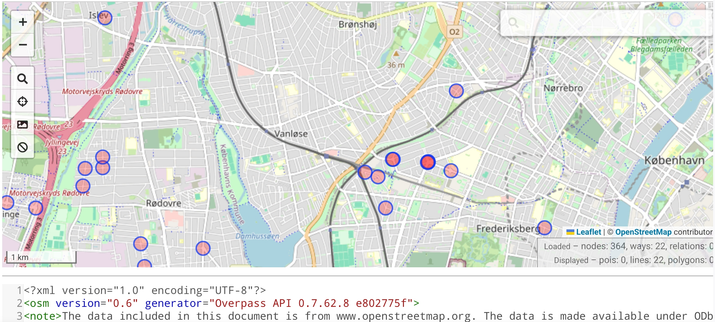 Copenhagen's roundabouts (or pieces of them if we could zoom the image) are shown as circles. There are very few circles in the figure. In the map only a part of Copenhagen is shown so that both figures have a similar length scale.