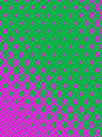A colorful maze, generated using the 10print method. Picture generation details: screen height: 1196, screen width: 896, primary background color #FF00FF, primary line color: #00FF00, using gradient mask ../masks/mask50.png, gradient background color #11A256, square: 29, width: 4, radiusB: 2, radiusW: 4, effect: 10