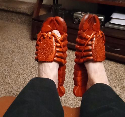 A pair of feet resting on a tan ottoman wearing slide type shoes modeled after lobsters in shades of red in a realistic facsimile to cooked lobsters. 