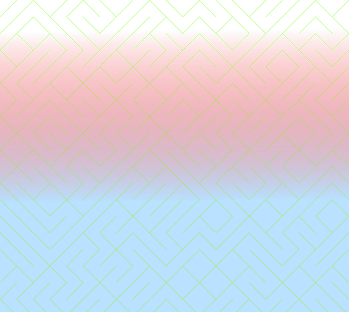 A colorful maze, generated using the 10print method. Picture generation details: screen height: 901, screen width: 1009, primary background color #770000, primary line color: #77FF00, using gradient mask ../masks/mask25.png, gradient background color #BAE1FF, square: 48, width: 1, radiusB: 0, radiusW: 1, effect: 13