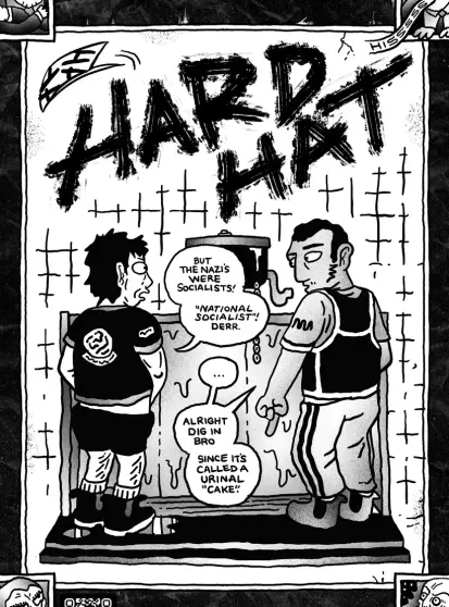 Text:

Hard Hat 
“But the Nazis were Socialists. 
“National Socialists” Derr…”

“… Alright 
Dig in bro 
Since it’s called a Urinal “cake.”

Image two blokes at a urinal urinating and discussing.