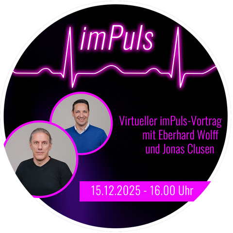 Rundes Eventbanner für den SWAGLab-imPuls. Oben steht der Schriftzug „imPuls“ in pink mit einer stilisierten Herzschlaglinie. Rechts daneben der Text „Virtueller imPuls-Vortrag mit Eberhard Wolff und Jonas Clusen“. Links sind zwei Porträtfotos der Sprecher zu sehen: oben Jonas Clusen lächelnd in blauem Pullover, darunter Eberhard Wolff in schwarzem Shirt. Am unteren Rand steht in einem pinken Balken: „15.12.2025 – 16.00 Uhr“.
