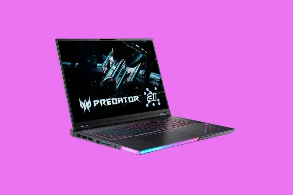 Visuel promotionnel du PC portable gamer Acer Predator Helios 18 AI mettant en avant ses performances : processeur Intel Core Ultra 9 275HX, carte graphique RTX 5080, 32 Go DDR5 et écran 18 pouces 4K Mini-LED 250Hz, destiné au gaming AAA et à la création avancée.