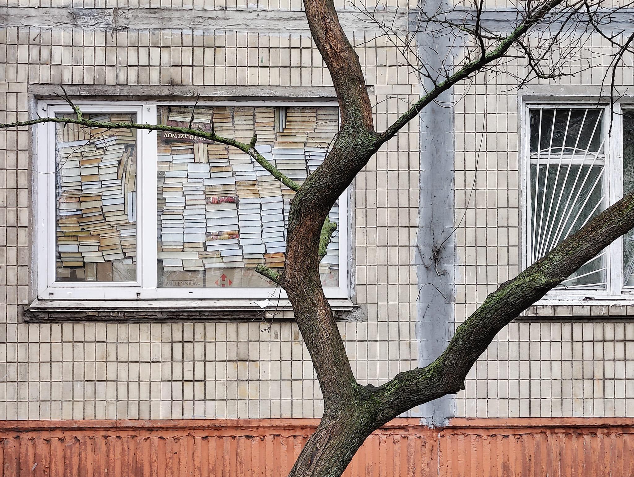 Lev Shevchenko's window in Kyiv, blocked by stacks of books.