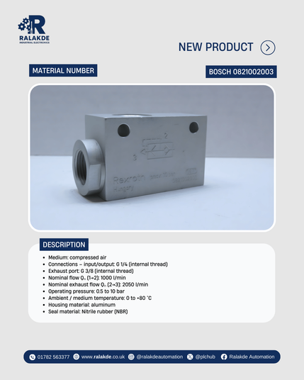 Bosch 0821002003 quick-exhaust pneumatic valve product photo from Ralakde Automation.