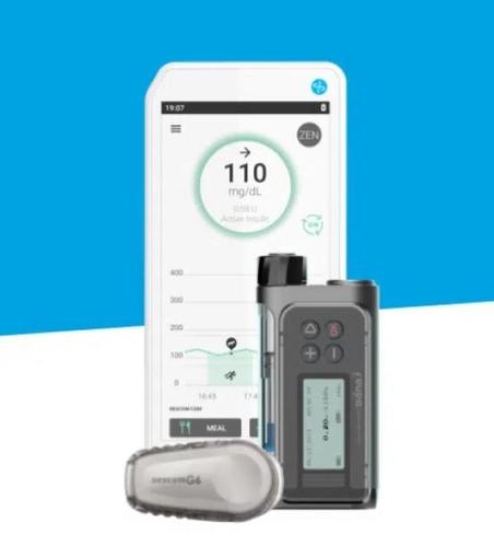 Foto Ausschnitt von der Hersteller Webseite. Vorne ein Dexcom G6 Blutzuckersensor und eine Dana i Insulinpumpe. Dahinter das DBLG1 Gerät, dass wie ein Handy aussieht und einen aktuellen  Blutzuckerwert anzeigt. 

Die Werte vom G6 werden per Funk an das DBLG1 gesendet, verarbeitet und die Insulinpumpe wird per Funk gesteuert.