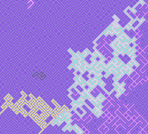 A colorful maze, generated using the 10print method. Picture generation details: screen height: 859, screen width: 953, primary background color #8E5ADF, primary line color: #9184D3, square: 18, width: 4, radiusB: 2, radiusW: 4, effect: 3