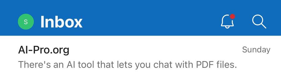 A screenshot from the Outlook app email inbox, showing an email sender and subject line as follows:

Sender: Al-Pro.org
Subject line: There's an Al tool that lets you chat with PDF files.