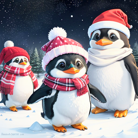 Artwork of cute penguins dressed up in hats!*& Scarves in a beautiful winter scene