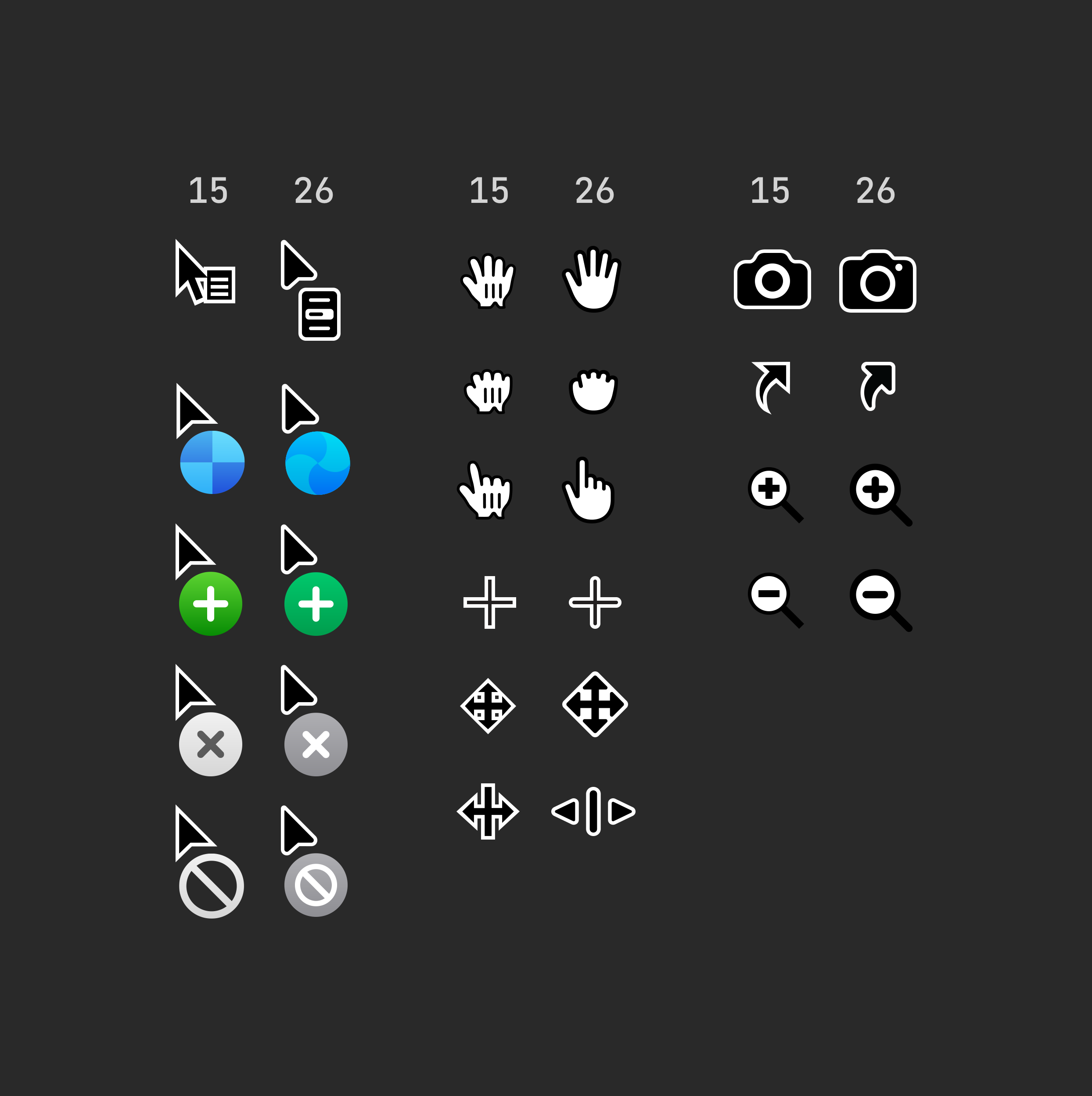 An image comparing the macOS 15 and macOS 26 mouse cursors. The macOS 26 cursors are more rounded and playful.