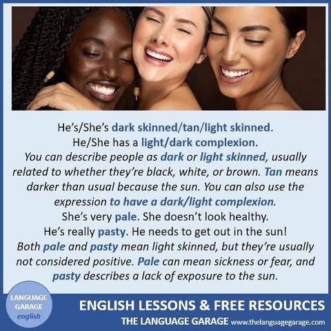 English vocabulary for describing people, examples with skin tones, image of three women with different skin tones