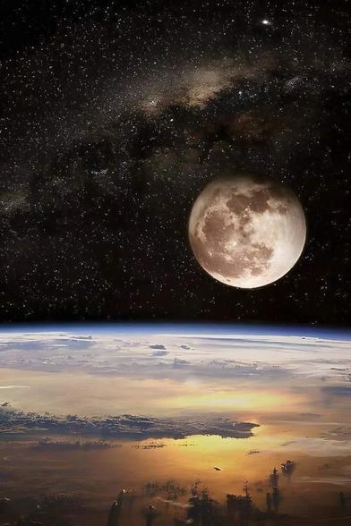 Moon rising in front of the Milky Way.