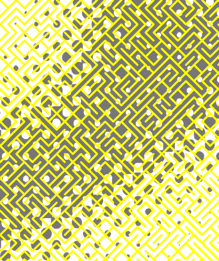 A colorful maze, generated using the 10print method. Picture generation details: screen height: 967, screen width: 813, primary background color #00FFFF, primary line color: #FFFF00, using gradient mask ../masks/mask42.png, gradient background color #777777, square: 30, width: 8, radiusB: 3, radiusW: 8, effect: 13