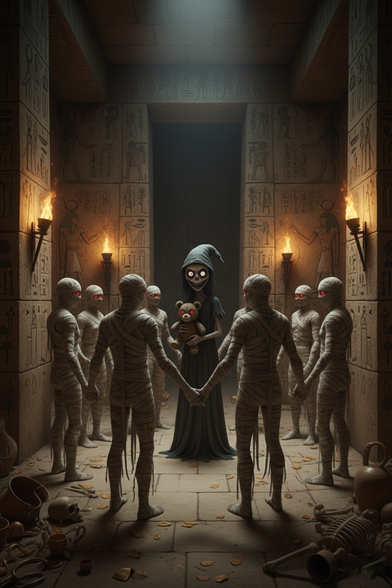 Sleeppy Creepy steht inmitten eines ägyptischen Tempels umringt von Mumien mit leuchtend roten Augen, die sich an den Händen halten. An den Wänden sieht man Hieroglyphen und im Vordergrund Vasen, Gerippe und Totenschädel.